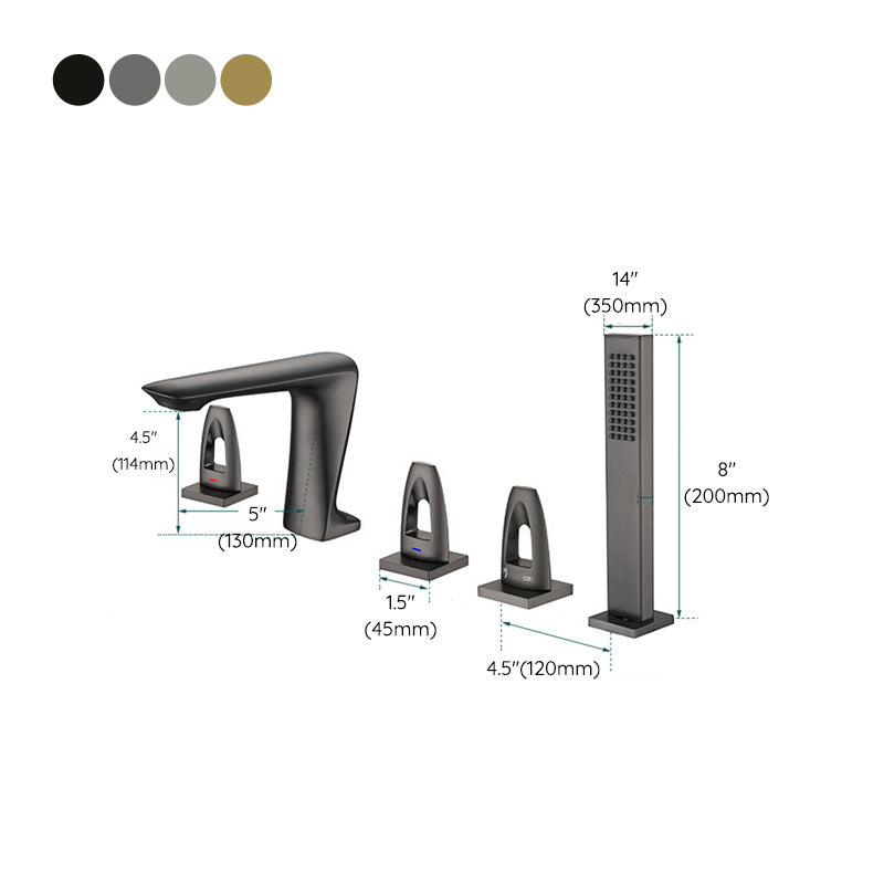 3 Handle Roman Tub Filler Deck Mounted Bathtub Faucet with Handshower Clearhalo 'Bathroom Remodel & Bathroom Fixtures' 'Bathtub Faucets' 'bathtub_faucets' 'Home Improvement' 'home_improvement' 'home_improvement_bathtub_faucets' 6333855