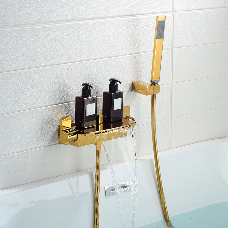 Wall Mount Tub Faucet One Handle Waterfall Tub Spout Trim with Knob Gold Hand Shower Included Risers Not Included Clearhalo 'Bathroom Remodel & Bathroom Fixtures' 'Bathtub Faucets' 'bathtub_faucets' 'Home Improvement' 'home_improvement' 'home_improvement_bathtub_faucets' 6333856