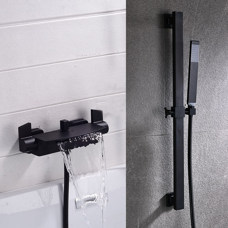 Wall Mount Tub Faucet One Handle Waterfall Tub Spout Trim with Knob Black Hand Shower Included Risers Included Clearhalo 'Bathroom Remodel & Bathroom Fixtures' 'Bathtub Faucets' 'bathtub_faucets' 'Home Improvement' 'home_improvement' 'home_improvement_bathtub_faucets' 6333859