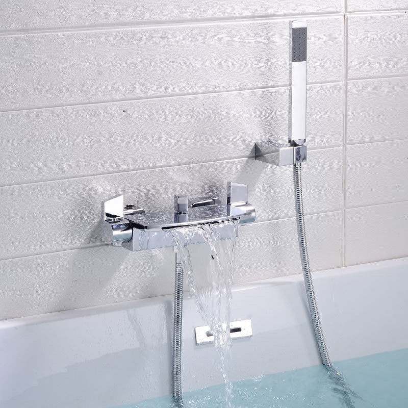 Wall Mount Tub Faucet One Handle Waterfall Tub Spout Trim with Knob Chrome Hand Shower Included Risers Not Included Clearhalo 'Bathroom Remodel & Bathroom Fixtures' 'Bathtub Faucets' 'bathtub_faucets' 'Home Improvement' 'home_improvement' 'home_improvement_bathtub_faucets' 6333860