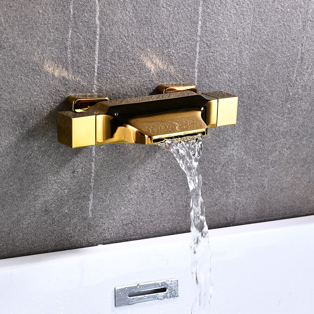 Wall Mount Tub Faucet One Handle Waterfall Tub Spout Trim with Knob Dark Gold Hand Shower Not Included Risers Not Included Clearhalo 'Bathroom Remodel & Bathroom Fixtures' 'Bathtub Faucets' 'bathtub_faucets' 'Home Improvement' 'home_improvement' 'home_improvement_bathtub_faucets' 6333861