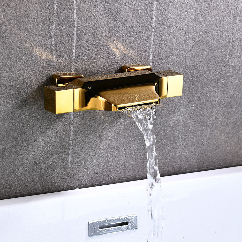 Wall Mount Tub Faucet With Waterfall Spout & Handheld Shower – Matte Black, Brass Construction