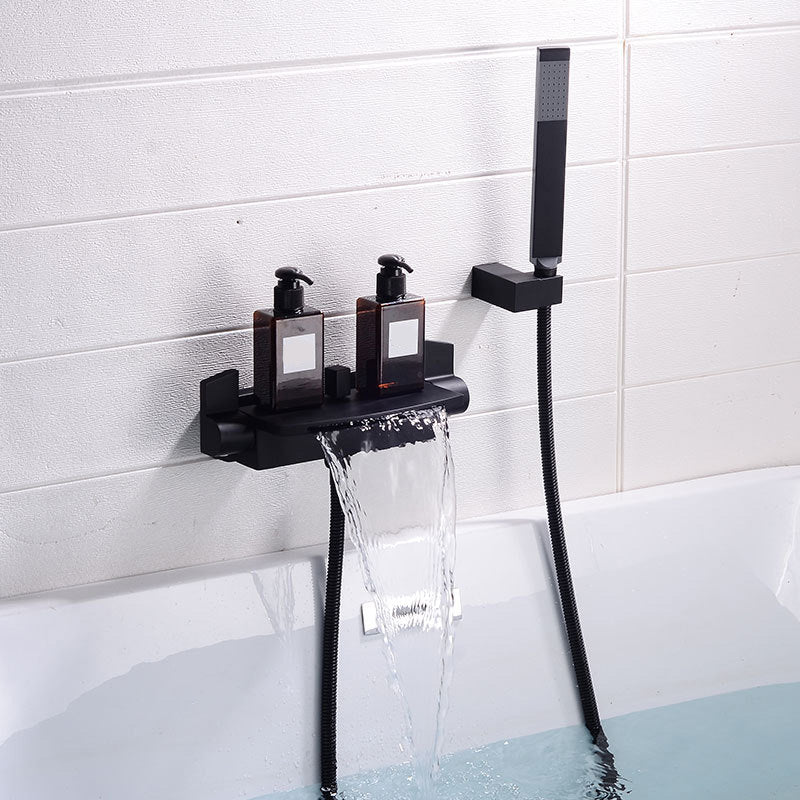 Wall Mount Tub Faucet One Handle Waterfall Tub Spout Trim with Knob Black Hand Shower Included Risers Not Included Clearhalo 'Bathroom Remodel & Bathroom Fixtures' 'Bathtub Faucets' 'bathtub_faucets' 'Home Improvement' 'home_improvement' 'home_improvement_bathtub_faucets' 6333862