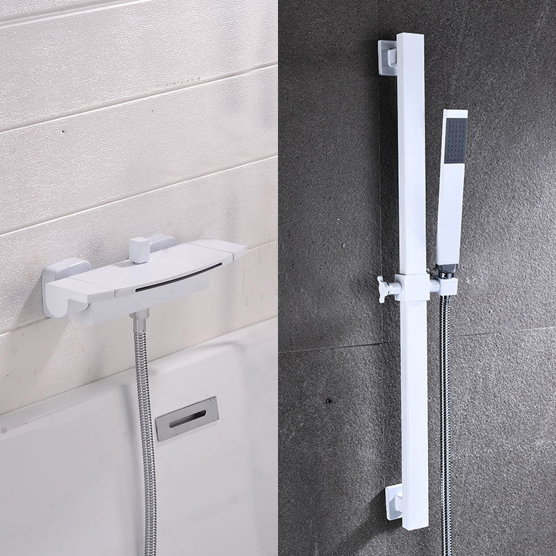 Wall Mount Tub Faucet One Handle Waterfall Tub Spout Trim with Knob White Hand Shower Included Risers Included Clearhalo 'Bathroom Remodel & Bathroom Fixtures' 'Bathtub Faucets' 'bathtub_faucets' 'Home Improvement' 'home_improvement' 'home_improvement_bathtub_faucets' 6333863