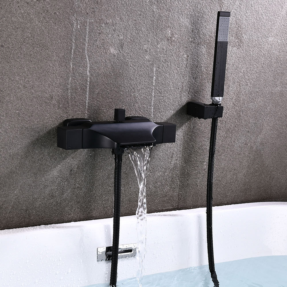 Wall Mount Tub Faucet One Handle Waterfall Tub Spout Trim with Knob Matte Black Hand Shower Included Risers Not Included Clearhalo 'Bathroom Remodel & Bathroom Fixtures' 'Bathtub Faucets' 'bathtub_faucets' 'Home Improvement' 'home_improvement' 'home_improvement_bathtub_faucets' 6333864