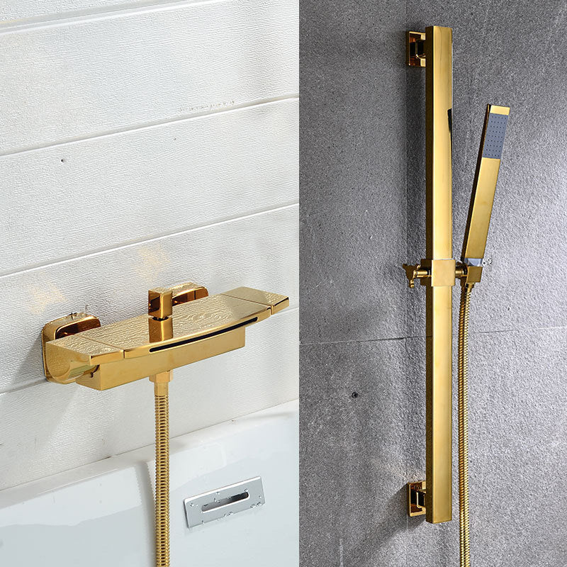 Wall Mount Tub Faucet One Handle Waterfall Tub Spout Trim with Knob Gold Hand Shower Included Risers Included Clearhalo 'Bathroom Remodel & Bathroom Fixtures' 'Bathtub Faucets' 'bathtub_faucets' 'Home Improvement' 'home_improvement' 'home_improvement_bathtub_faucets' 6333871