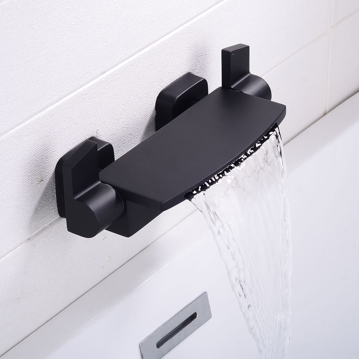 Wall Mount Tub Faucet One Handle Waterfall Tub Spout Trim with Knob Black Hand Shower Not Included Risers Not Included Clearhalo 'Bathroom Remodel & Bathroom Fixtures' 'Bathtub Faucets' 'bathtub_faucets' 'Home Improvement' 'home_improvement' 'home_improvement_bathtub_faucets' 6333873