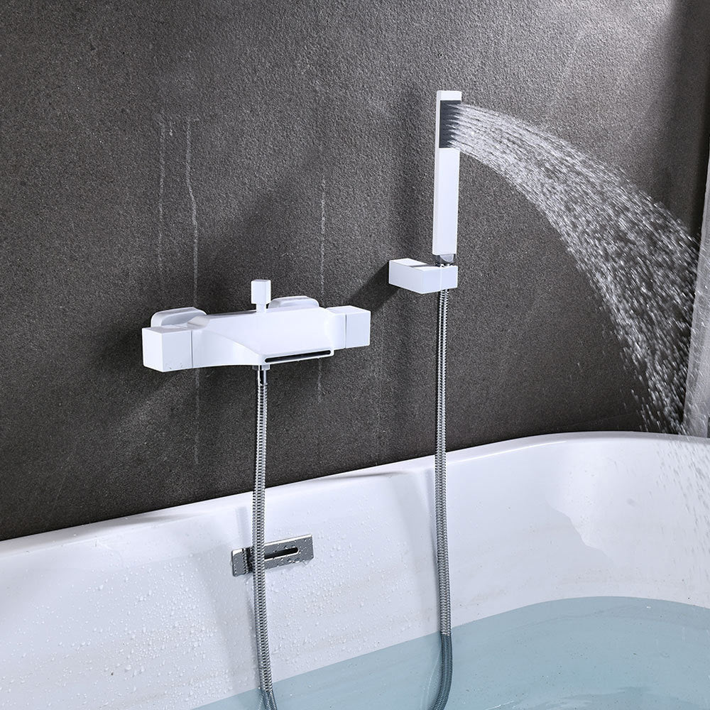 Wall Mount Tub Faucet One Handle Waterfall Tub Spout Trim with Knob Matte White Hand Shower Included Risers Not Included Clearhalo 'Bathroom Remodel & Bathroom Fixtures' 'Bathtub Faucets' 'bathtub_faucets' 'Home Improvement' 'home_improvement' 'home_improvement_bathtub_faucets' 6333875