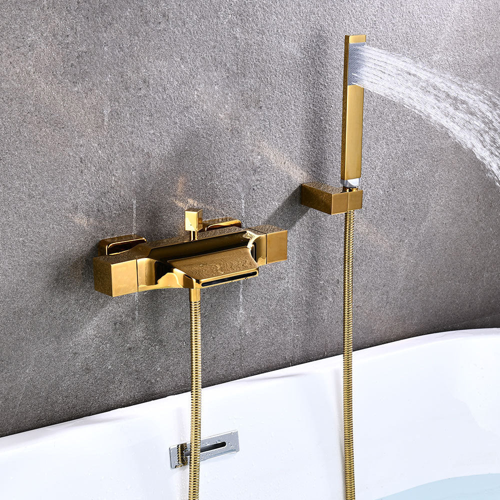 Wall Mount Tub Faucet One Handle Waterfall Tub Spout Trim with Knob Dark Gold Hand Shower Included Risers Not Included Clearhalo 'Bathroom Remodel & Bathroom Fixtures' 'Bathtub Faucets' 'bathtub_faucets' 'Home Improvement' 'home_improvement' 'home_improvement_bathtub_faucets' 6333879