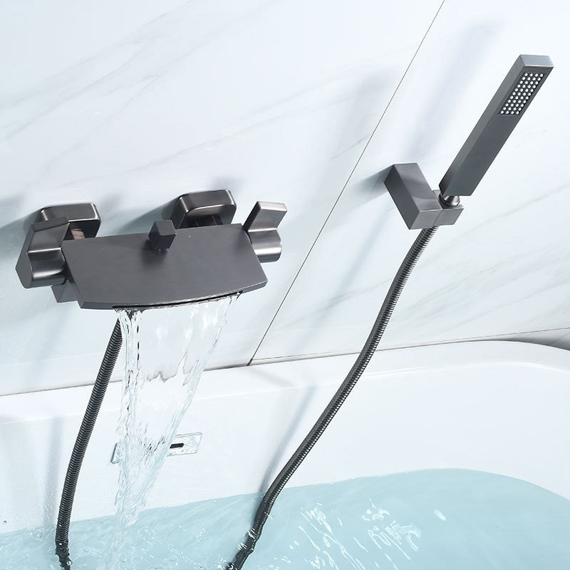 Wall Mount Tub Faucet One Handle Waterfall Tub Spout Trim with Knob Grey Hand Shower Included Risers Not Included Clearhalo 'Bathroom Remodel & Bathroom Fixtures' 'Bathtub Faucets' 'bathtub_faucets' 'Home Improvement' 'home_improvement' 'home_improvement_bathtub_faucets' 6333881