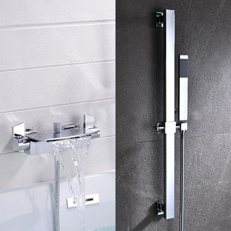 Wall Mount Tub Faucet One Handle Waterfall Tub Spout Trim with Knob Chrome Hand Shower Included Risers Included Clearhalo 'Bathroom Remodel & Bathroom Fixtures' 'Bathtub Faucets' 'bathtub_faucets' 'Home Improvement' 'home_improvement' 'home_improvement_bathtub_faucets' 6333882