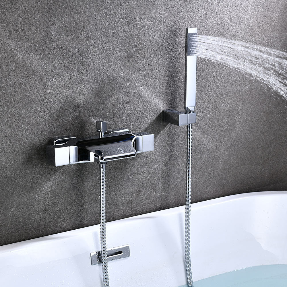 Wall Mount Tub Faucet One Handle Waterfall Tub Spout Trim with Knob Silver Hand Shower Included Risers Not Included Clearhalo 'Bathroom Remodel & Bathroom Fixtures' 'Bathtub Faucets' 'bathtub_faucets' 'Home Improvement' 'home_improvement' 'home_improvement_bathtub_faucets' 6333885