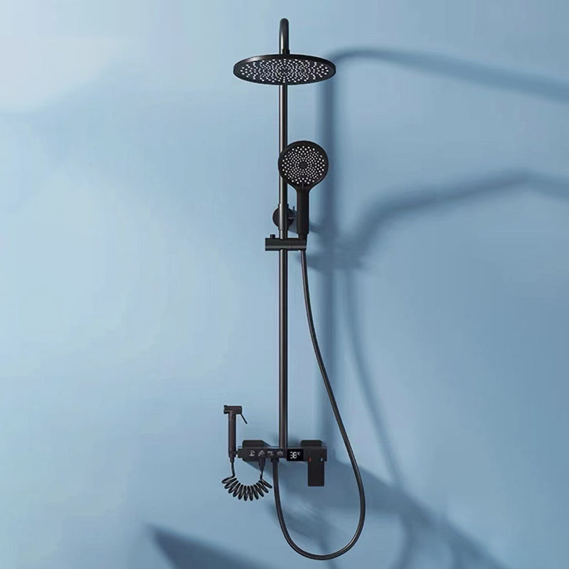 Modern Shower System Wall Mounted Spot Resist Round Shower System with Hand Shower Gloss Black Temperature Control Clearhalo 'Bathroom Remodel & Bathroom Fixtures' 'Home Improvement' 'home_improvement' 'home_improvement_shower_faucets' 'Shower Faucets & Systems' 'shower_faucets' 'Showers & Bathtubs Plumbing' 'Showers & Bathtubs' 6333924