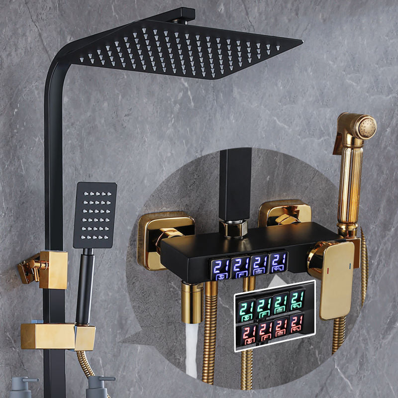 Modern Style Shower System Wall Mounted Spot Resist Shower System with Hand Shower Gold-Black Digital Display Included Clearhalo 'Bathroom Remodel & Bathroom Fixtures' 'Home Improvement' 'home_improvement' 'home_improvement_shower_faucets' 'Shower Faucets & Systems' 'shower_faucets' 'Showers & Bathtubs Plumbing' 'Showers & Bathtubs' 6333980