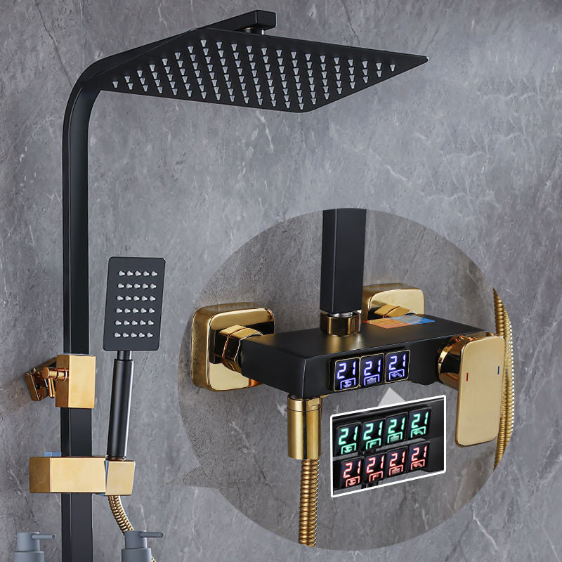 Modern Style Shower System Wall Mounted Spot Resist Shower System with Hand Shower Black-Gold Digital Display Included Clearhalo 'Bathroom Remodel & Bathroom Fixtures' 'Home Improvement' 'home_improvement' 'home_improvement_shower_faucets' 'Shower Faucets & Systems' 'shower_faucets' 'Showers & Bathtubs Plumbing' 'Showers & Bathtubs' 6333981