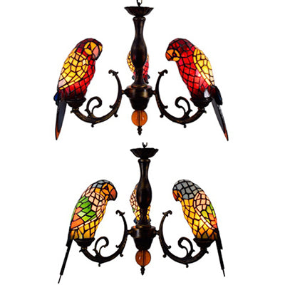 Red/Blue Parrot Suspension Light Tiffany Style Stained Glass 3 Lights Chandelier Light for Restaurant Clearhalo 'Ceiling Lights' 'Chandeliers' 'Close To Ceiling Lights' 'Industrial' 'Middle Century Chandeliers' 'Tiffany Chandeliers' 'Tiffany close to ceiling' 'Tiffany' Lighting' 63347