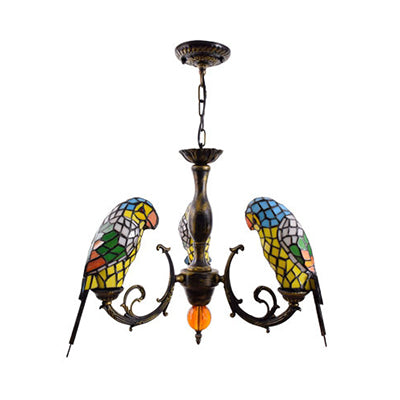 Red/Blue Parrot Suspension Light Tiffany Style Stained Glass 3 Lights Chandelier Light for Restaurant Clearhalo 'Ceiling Lights' 'Chandeliers' 'Close To Ceiling Lights' 'Industrial' 'Middle Century Chandeliers' 'Tiffany Chandeliers' 'Tiffany close to ceiling' 'Tiffany' Lighting' 63351