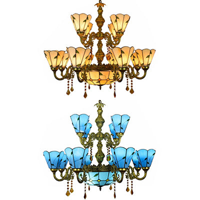 Beige/Blue Country Chandelier Stained Glass 12 Heads Two-Tiers Suspension Light with Pendants for Living Room Clearhalo 'Ceiling Lights' 'Chandeliers' 'Industrial' 'Middle Century Chandeliers' 'Pendant Lights' 'Tiffany Chandeliers' 'Tiffany close to ceiling' 'Tiffany' Lighting' 63375