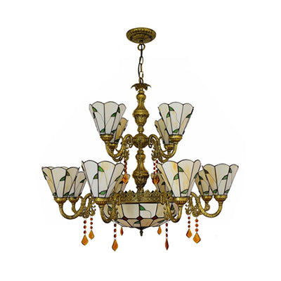 Beige/Blue Country Chandelier Stained Glass 12 Heads Two-Tiers Suspension Light with Pendants for Living Room Clearhalo 'Ceiling Lights' 'Chandeliers' 'Industrial' 'Middle Century Chandeliers' 'Pendant Lights' 'Tiffany Chandeliers' 'Tiffany close to ceiling' 'Tiffany' Lighting' 63377
