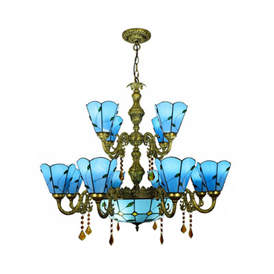 Beige/Blue Country Chandelier Stained Glass 12 Heads Two-Tiers Suspension Light with Pendants for Living Room Clearhalo 'Ceiling Lights' 'Chandeliers' 'Industrial' 'Middle Century Chandeliers' 'Pendant Lights' 'Tiffany Chandeliers' 'Tiffany close to ceiling' 'Tiffany' Lighting' 63379