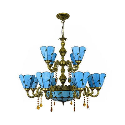 Beige/Blue Country Chandelier Stained Glass 12 Heads Two-Tiers Suspension Light with Pendants for Living Room Clearhalo 'Ceiling Lights' 'Chandeliers' 'Industrial' 'Middle Century Chandeliers' 'Pendant Lights' 'Tiffany Chandeliers' 'Tiffany close to ceiling' 'Tiffany' Lighting' 63380