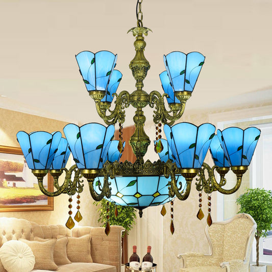 Beige/Blue Country Chandelier Stained Glass 12 Heads Two-Tiers Suspension Light with Pendants for Living Room Blue Clearhalo 'Ceiling Lights' 'Chandeliers' 'Industrial' 'Middle Century Chandeliers' 'Pendant Lights' 'Tiffany Chandeliers' 'Tiffany close to ceiling' 'Tiffany' Lighting' 63381