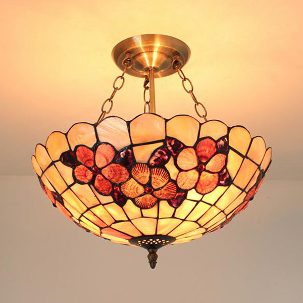 12"/16"/20.5" W Scalloped Shade Semi Flush Light Retro Style Stained Glass Ceiling Fixture with Flower Pattern in Red/Pink/Rose Red for Bedroom Clearhalo 'Ceiling Lights' 'Close To Ceiling Lights' 'Close to ceiling' 'Semi-flushmount' 'Tiffany close to ceiling' 'Tiffany' Lighting' 63473