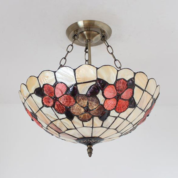12"/16"/20.5" W Scalloped Shade Semi Flush Light Retro Style Stained Glass Ceiling Fixture with Flower Pattern in Red/Pink/Rose Red for Bedroom Clearhalo 'Ceiling Lights' 'Close To Ceiling Lights' 'Close to ceiling' 'Semi-flushmount' 'Tiffany close to ceiling' 'Tiffany' Lighting' 63474