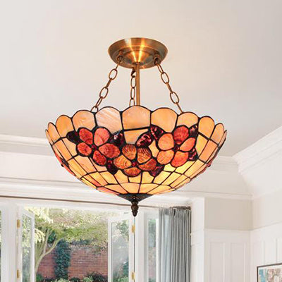 12"/16"/20.5" W Scalloped Shade Semi Flush Light Retro Style Stained Glass Ceiling Fixture with Flower Pattern in Red/Pink/Rose Red for Bedroom Pink 16" Clearhalo 'Ceiling Lights' 'Close To Ceiling Lights' 'Close to ceiling' 'Semi-flushmount' 'Tiffany close to ceiling' 'Tiffany' Lighting' 63475