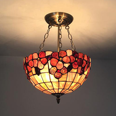 12"/16"/20.5" W Scalloped Shade Semi Flush Light Retro Style Stained Glass Ceiling Fixture with Flower Pattern in Red/Pink/Rose Red for Bedroom Pink 12" Clearhalo 'Ceiling Lights' 'Close To Ceiling Lights' 'Close to ceiling' 'Semi-flushmount' 'Tiffany close to ceiling' 'Tiffany' Lighting' 63476