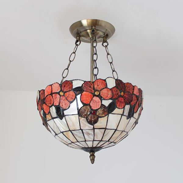 12"/16"/20.5" W Scalloped Shade Semi Flush Light Retro Style Stained Glass Ceiling Fixture with Flower Pattern in Red/Pink/Rose Red for Bedroom Clearhalo 'Ceiling Lights' 'Close To Ceiling Lights' 'Close to ceiling' 'Semi-flushmount' 'Tiffany close to ceiling' 'Tiffany' Lighting' 63477