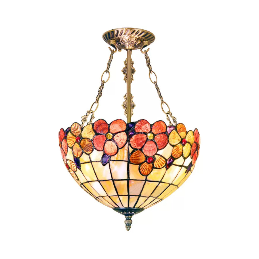 12"/16"/20.5" W Scalloped Shade Semi Flush Light Retro Style Stained Glass Ceiling Fixture with Flower Pattern in Red/Pink/Rose Red for Bedroom Clearhalo 'Ceiling Lights' 'Close To Ceiling Lights' 'Close to ceiling' 'Semi-flushmount' 'Tiffany close to ceiling' 'Tiffany' Lighting' 63478