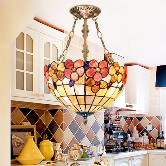 12"/16"/20.5" W Scalloped Shade Semi Flush Light Retro Style Stained Glass Ceiling Fixture with Flower Pattern in Red/Pink/Rose Red for Bedroom Red Clearhalo 'Ceiling Lights' 'Close To Ceiling Lights' 'Close to ceiling' 'Semi-flushmount' 'Tiffany close to ceiling' 'Tiffany' Lighting' 63480