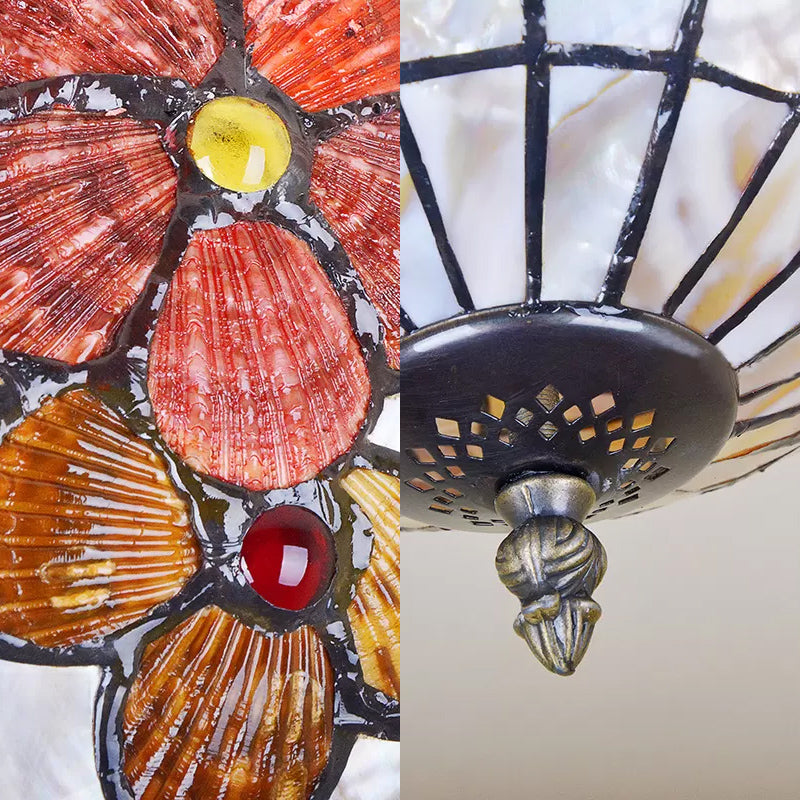 12"/16"/20.5" W Scalloped Shade Semi Flush Light Retro Style Stained Glass Ceiling Fixture with Flower Pattern in Red/Pink/Rose Red for Bedroom Clearhalo 'Ceiling Lights' 'Close To Ceiling Lights' 'Close to ceiling' 'Semi-flushmount' 'Tiffany close to ceiling' 'Tiffany' Lighting' 63482