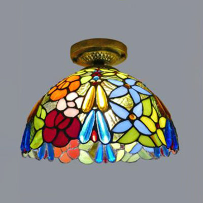 Stained Glass Dome Flush Light with Sunflower/Rose/Pearl/Grape/Dragonfly Pattern Rustic Tiffany 1 Light Flush Ceiling Light in Antique Brass Antique Brass Rose Clearhalo 'Ceiling Lights' 'Chandeliers' 'Close To Ceiling Lights' 'Close to ceiling' 'Glass shade' 'Glass' 'Semi-flushmount' 'Tiffany close to ceiling' 'Tiffany' Lighting' 63503