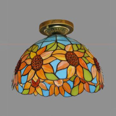 Stained Glass Dome Flush Light with Sunflower/Rose/Pearl/Grape/Dragonfly Pattern Rustic Tiffany 1 Light Flush Ceiling Light in Antique Brass Clearhalo 'Ceiling Lights' 'Chandeliers' 'Close To Ceiling Lights' 'Close to ceiling' 'Glass shade' 'Glass' 'Semi-flushmount' 'Tiffany close to ceiling' 'Tiffany' Lighting' 63508