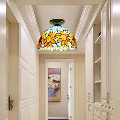 Stained Glass Dome Flush Light with Sunflower/Rose/Pearl/Grape/Dragonfly Pattern Rustic Tiffany 1 Light Flush Ceiling Light in Antique Brass Antique Brass Sunflower Clearhalo 'Ceiling Lights' 'Chandeliers' 'Close To Ceiling Lights' 'Close to ceiling' 'Glass shade' 'Glass' 'Semi-flushmount' 'Tiffany close to ceiling' 'Tiffany' Lighting' 63509