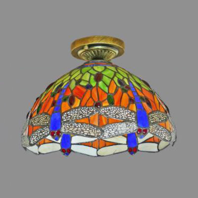 Stained Glass Dome Flush Light with Sunflower/Rose/Pearl/Grape/Dragonfly Pattern Rustic Tiffany 1 Light Flush Ceiling Light in Antique Brass Clearhalo 'Ceiling Lights' 'Chandeliers' 'Close To Ceiling Lights' 'Close to ceiling' 'Glass shade' 'Glass' 'Semi-flushmount' 'Tiffany close to ceiling' 'Tiffany' Lighting' 63511
