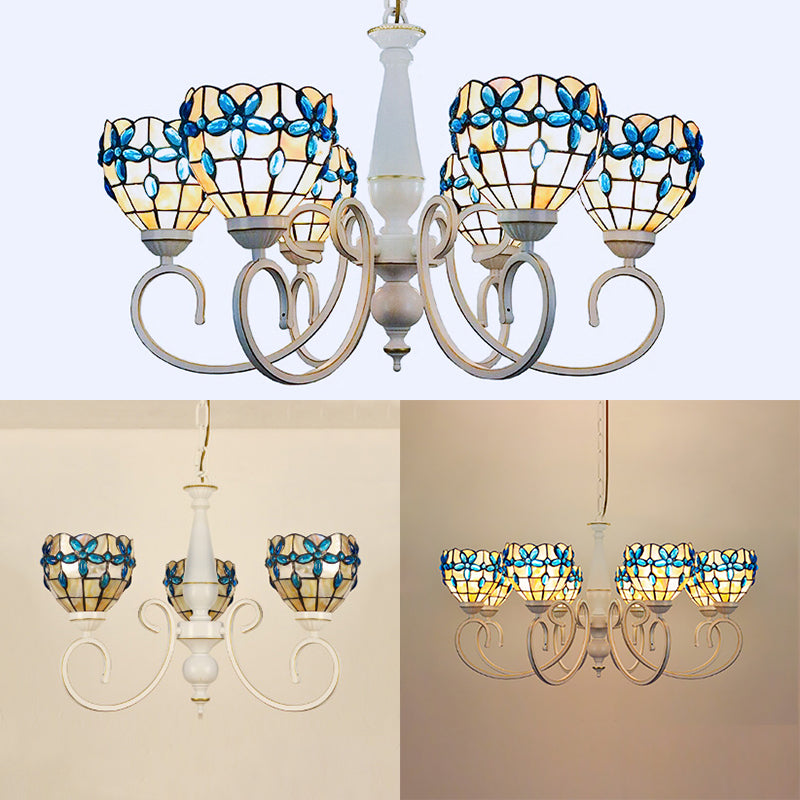 3/6/8 Lights Lodge Domed Hanging Pendant Stained Glass Inverted Chandelier with Floral Jewel Pattern in Beige Clearhalo 'Ceiling Lights' 'Chandeliers' 'Close To Ceiling Lights' 'Industrial' 'Middle Century Chandeliers' 'Tiffany Chandeliers' 'Tiffany close to ceiling' 'Tiffany' Lighting' 63529