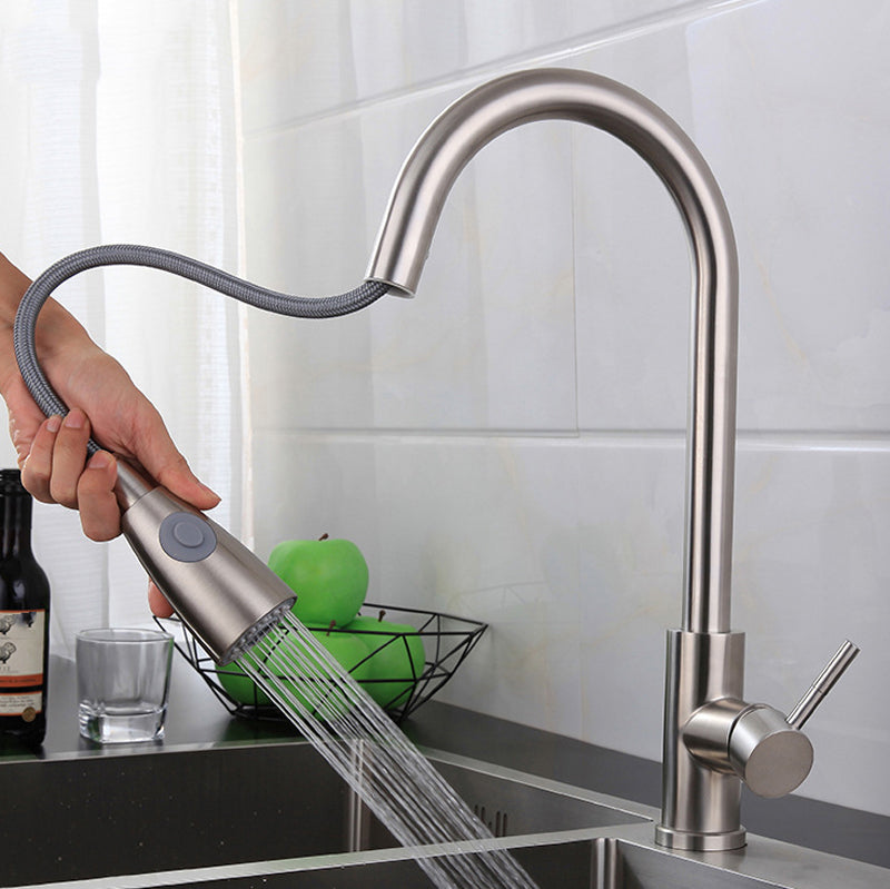 Modern Style Kitchen Faucet 304 Stainless Steel Single Handle High Arc Kitchen Faucet Silver Clearhalo 'Home Improvement' 'home_improvement' 'home_improvement_kitchen_faucets' 'Kitchen Faucets' 'Kitchen Remodel & Kitchen Fixtures' 'Kitchen Sinks & Faucet Components' 'kitchen_faucets' 6353047