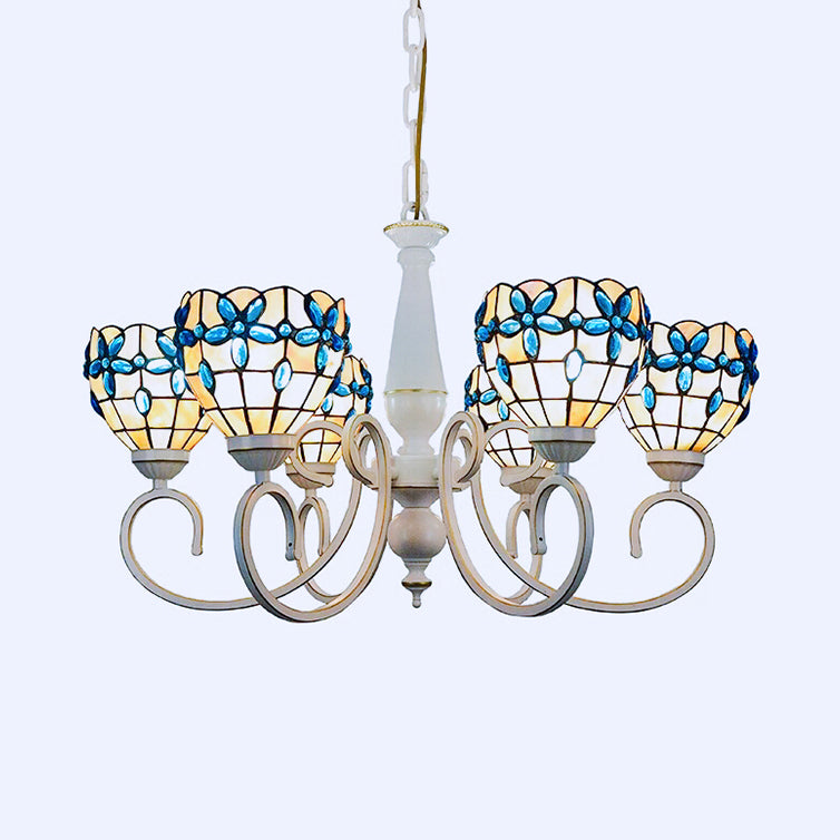 3/6/8 Lights Lodge Domed Hanging Pendant Stained Glass Inverted Chandelier with Floral Jewel Pattern in Beige Clearhalo 'Ceiling Lights' 'Chandeliers' 'Close To Ceiling Lights' 'Industrial' 'Middle Century Chandeliers' 'Tiffany Chandeliers' 'Tiffany close to ceiling' 'Tiffany' Lighting' 63532