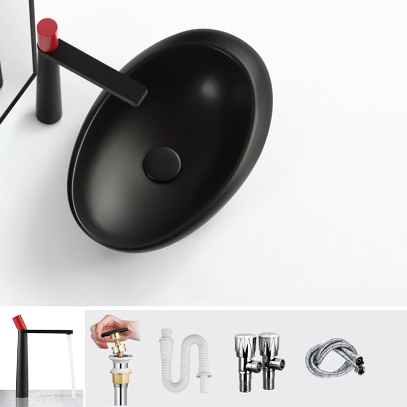 Modern Bathroom Sink Porcelain Pop-Up Drain Oval-Shape Vessel Lavatory Sink Black Square Faucet Sink with Faucet Clearhalo 'Bathroom Remodel & Bathroom Fixtures' 'Bathroom Sinks & Faucet Components' 'Bathroom Sinks' 'bathroom_sink' 'Home Improvement' 'home_improvement' 'home_improvement_bathroom_sink' 6353241