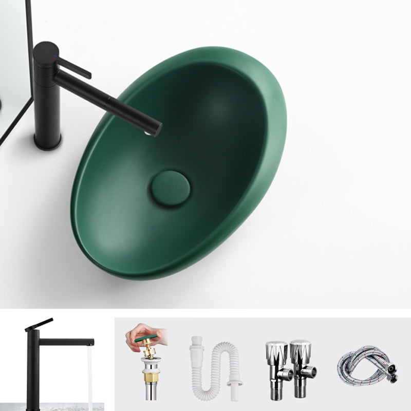 Modern Bathroom Sink Porcelain Pop-Up Drain Oval-Shape Vessel Lavatory Sink Green Round Faucet Sink with Faucet Clearhalo 'Bathroom Remodel & Bathroom Fixtures' 'Bathroom Sinks & Faucet Components' 'Bathroom Sinks' 'bathroom_sink' 'Home Improvement' 'home_improvement' 'home_improvement_bathroom_sink' 6353247