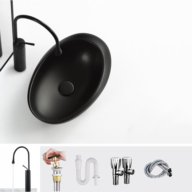 Modern Bathroom Sink Porcelain Pop-Up Drain Oval-Shape Vessel Lavatory Sink Black Gooseneck Faucet Sink with Faucet Clearhalo 'Bathroom Remodel & Bathroom Fixtures' 'Bathroom Sinks & Faucet Components' 'Bathroom Sinks' 'bathroom_sink' 'Home Improvement' 'home_improvement' 'home_improvement_bathroom_sink' 6353248