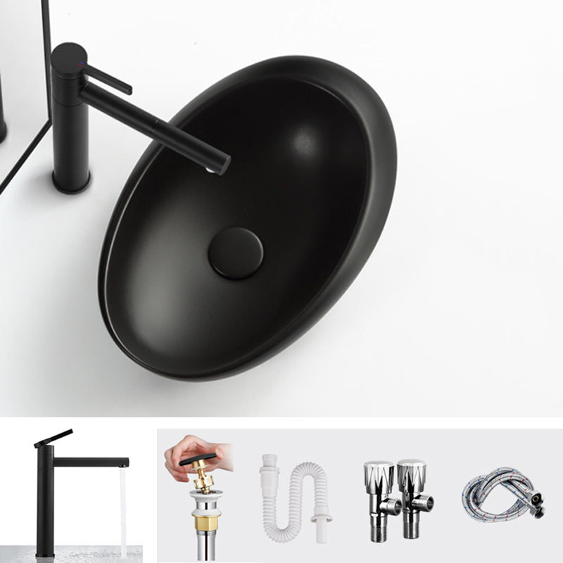 Modern Bathroom Sink Porcelain Pop-Up Drain Oval-Shape Vessel Lavatory Sink Black Round Faucet Sink with Faucet Clearhalo 'Bathroom Remodel & Bathroom Fixtures' 'Bathroom Sinks & Faucet Components' 'Bathroom Sinks' 'bathroom_sink' 'Home Improvement' 'home_improvement' 'home_improvement_bathroom_sink' 6353250
