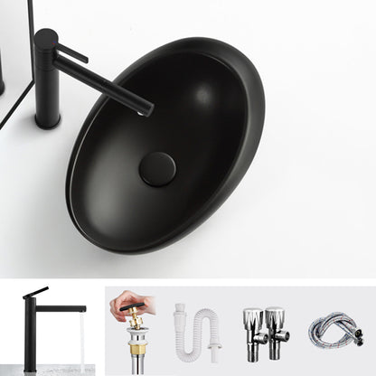 Modern Bathroom Sink Porcelain Pop-Up Drain Oval-Shape Vessel Lavatory Sink Black Round Faucet Sink with Faucet Clearhalo 'Bathroom Remodel & Bathroom Fixtures' 'Bathroom Sinks & Faucet Components' 'Bathroom Sinks' 'bathroom_sink' 'Home Improvement' 'home_improvement' 'home_improvement_bathroom_sink' 6353250