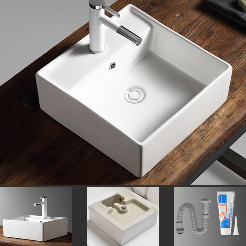 Modern Bathroom Sink Porcelain Rectangular with Drain Assembly Vessel Lavatory Sink 15"L x 15"W x 5.1"H Clearhalo 'Bathroom Remodel & Bathroom Fixtures' 'Bathroom Sinks & Faucet Components' 'Bathroom Sinks' 'bathroom_sink' 'Home Improvement' 'home_improvement' 'home_improvement_bathroom_sink' 6353272