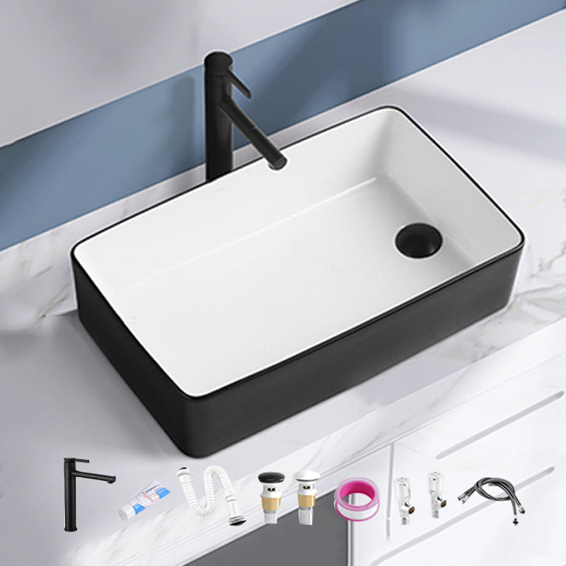 Contemporary Bathroom Sink Porcelain Solid Color Rectangular Vessel Lavatory Sink Black Sink with Faucet Clearhalo 'Bathroom Remodel & Bathroom Fixtures' 'Bathroom Sinks & Faucet Components' 'Bathroom Sinks' 'bathroom_sink' 'Home Improvement' 'home_improvement' 'home_improvement_bathroom_sink' 6353291