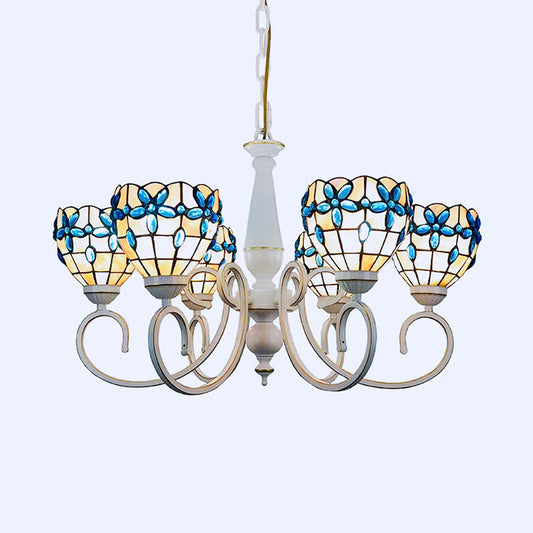 3/6/8 Lights Lodge Domed Hanging Pendant Stained Glass Inverted Chandelier with Floral Jewel Pattern in Beige Clearhalo 'Ceiling Lights' 'Chandeliers' 'Close To Ceiling Lights' 'Industrial' 'Middle Century Chandeliers' 'Tiffany Chandeliers' 'Tiffany close to ceiling' 'Tiffany' Lighting' 63532