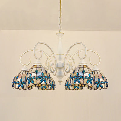 3/6/8 Lights Lodge Domed Hanging Pendant Stained Glass Inverted Chandelier with Floral Jewel Pattern in Beige Clearhalo 'Ceiling Lights' 'Chandeliers' 'Close To Ceiling Lights' 'Industrial' 'Middle Century Chandeliers' 'Tiffany Chandeliers' 'Tiffany close to ceiling' 'Tiffany' Lighting' 63533